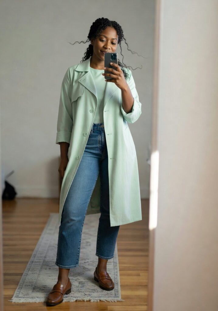 Black woman standing in a hallway wearing a long mint green trench coat over a white t-shirt and cropped blue jeans with brown loafers while holding a black smartphone for a mirror selfie