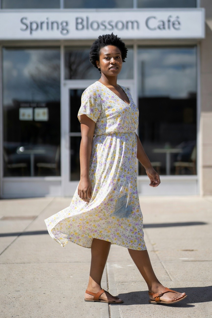Floral Midi Dress With Flat Sandals