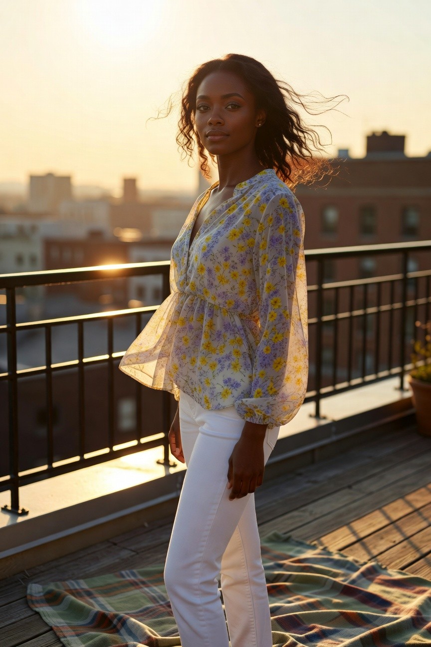 Floral Peplum Blouse With White Pants