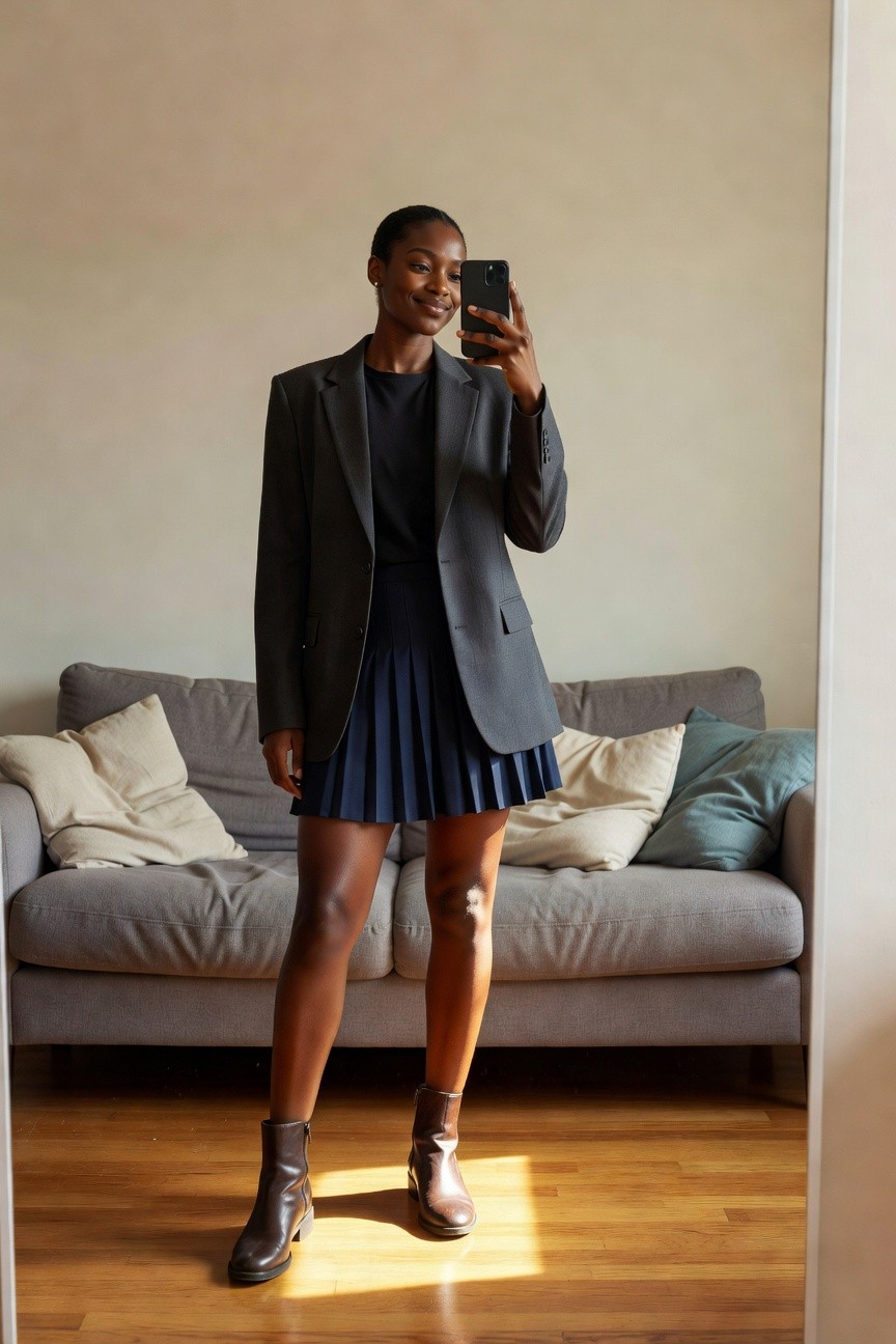 Gray Blazer Over Navy Pleated Skirt
