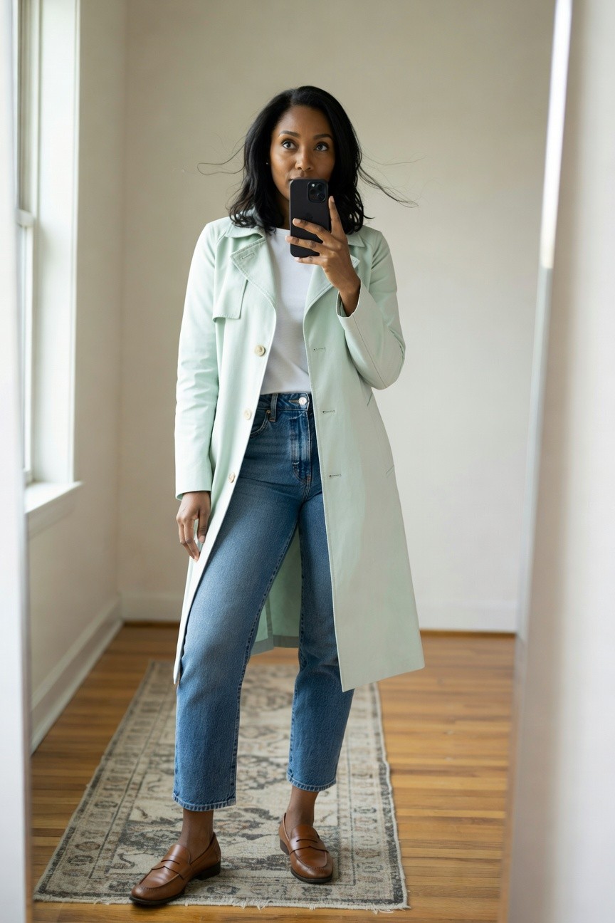 Black woman standing in a hallway wearing a long mint green trench coat over a white t-shirt and cropped blue jeans with brown loafers while holding a black smartphone for a mirror selfie
