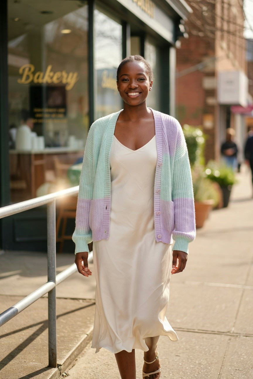 Pastel Cardigan Over A Slip Dress