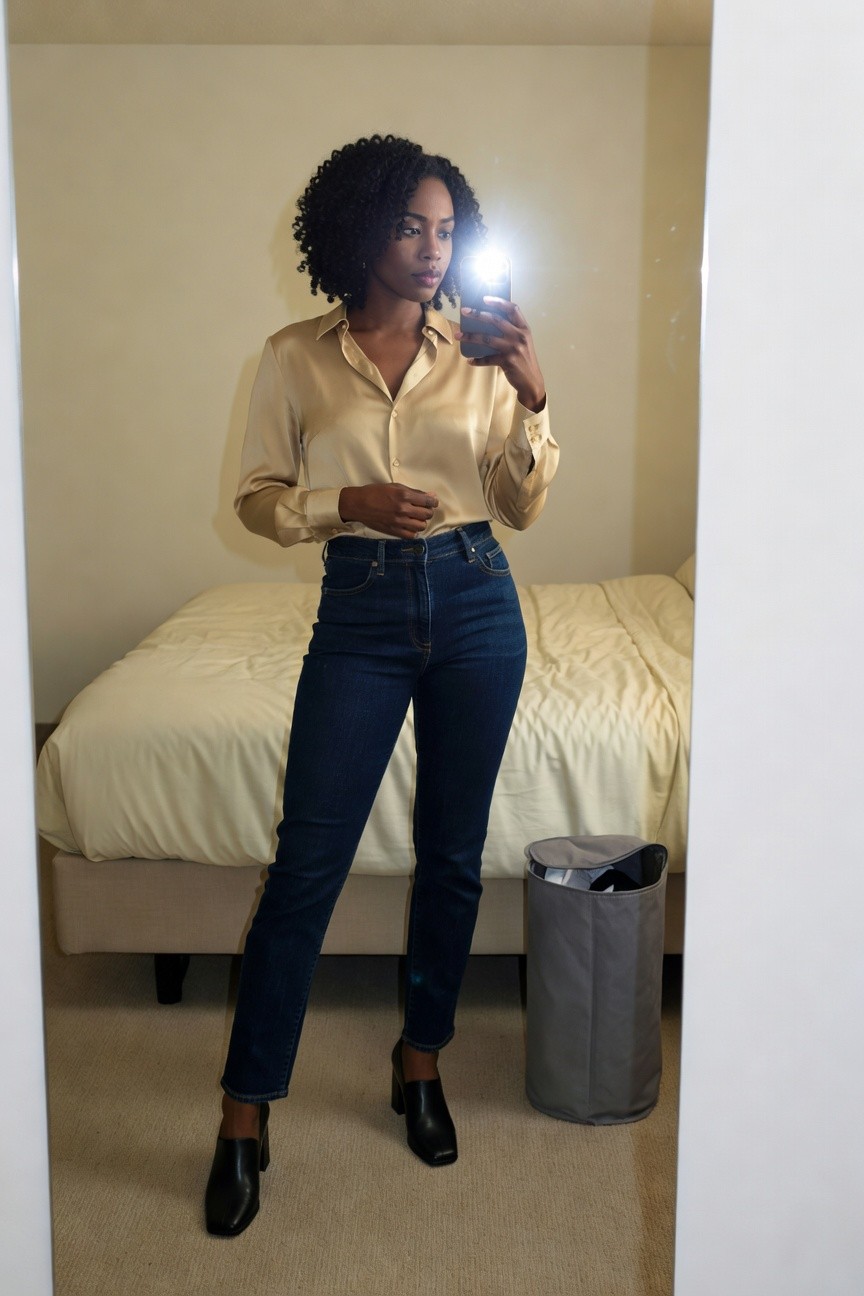 Satin Shirt With Dark Denim