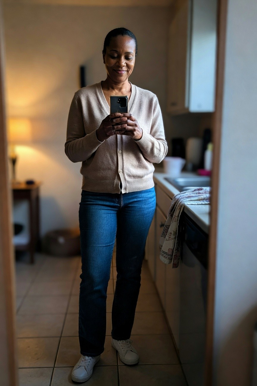 A Black woman stands in a kitchen wearing a beige button-front cardigan over blue straight-leg jeans and white sneakers while looking at her phone.