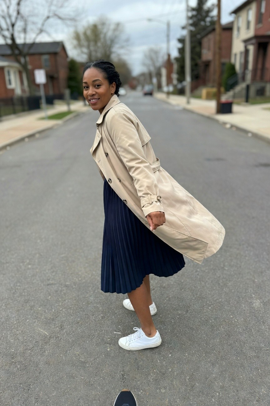 Trench Coat Over Pleated Skirt
