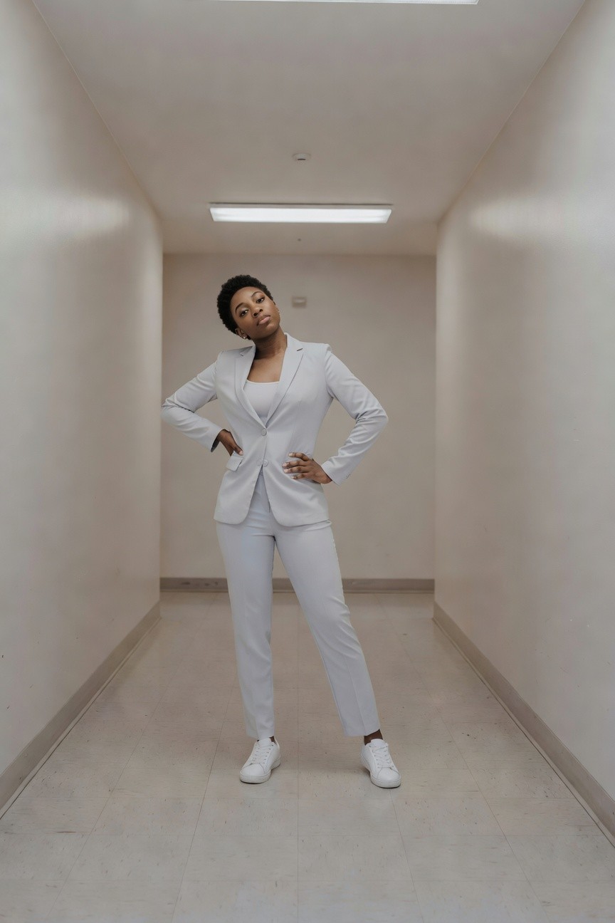 White Pantsuit And White Sneakers