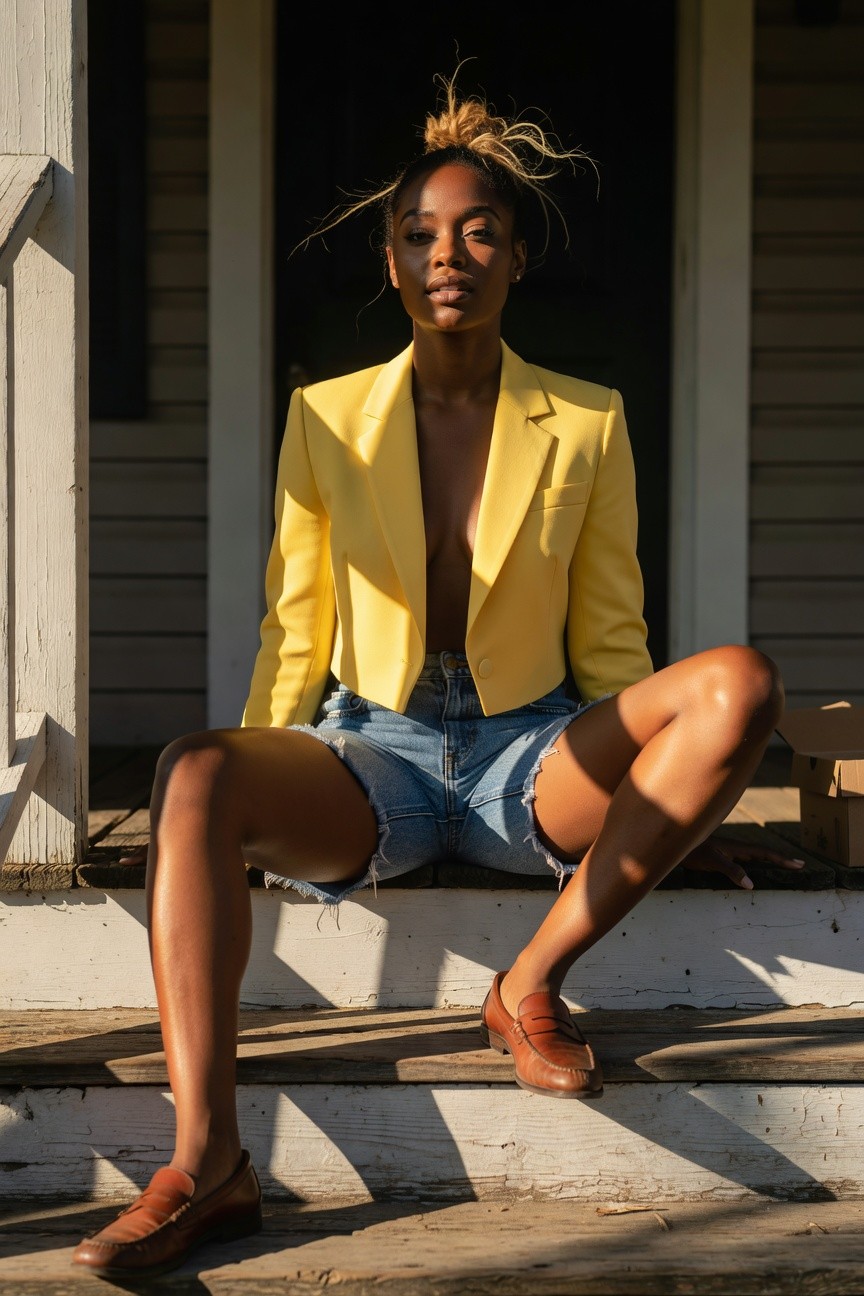 Black woman in cropped yellow blazer open at front, blue denim cutoff shorts, and brown loafers