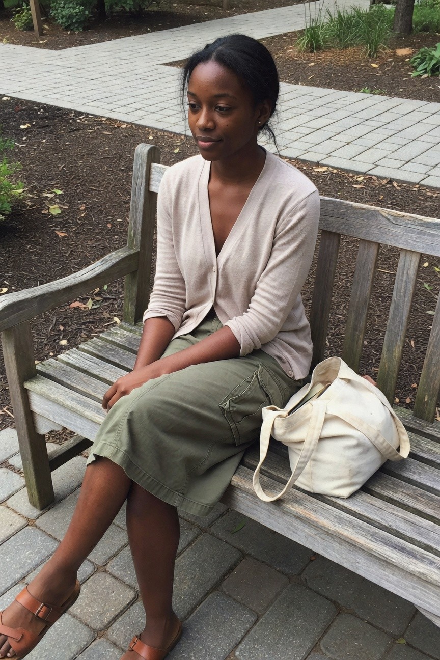 Beige Cardigan Over Green Cargo Skirt