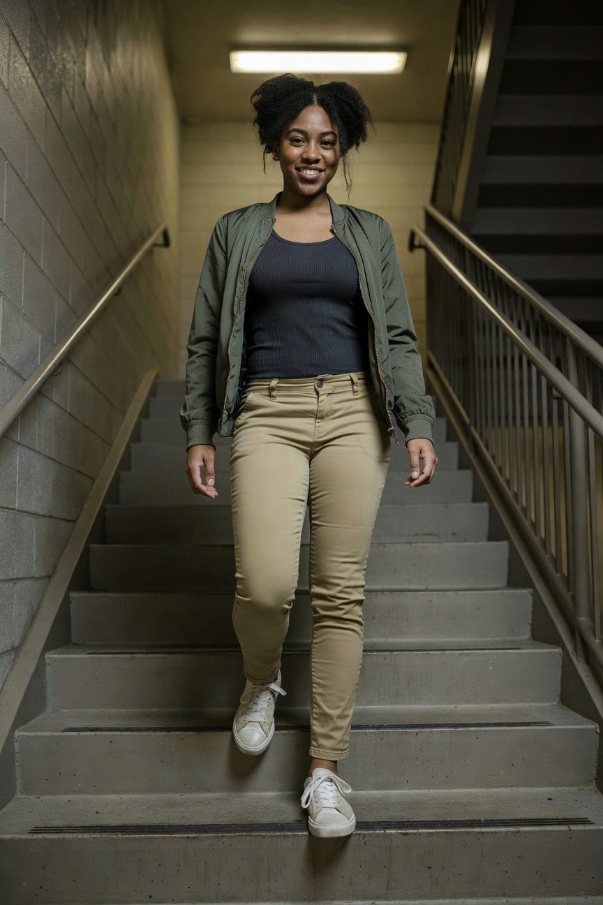 Bomber Jacket Layering Over Neutral Pants