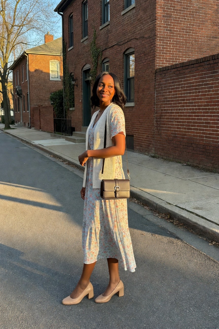 Cardigan Layered Over Floral Midi Dress