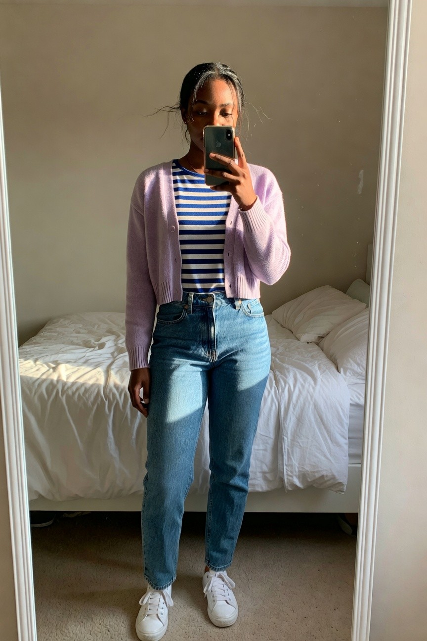Cardigan Over A Striped Top And Jeans