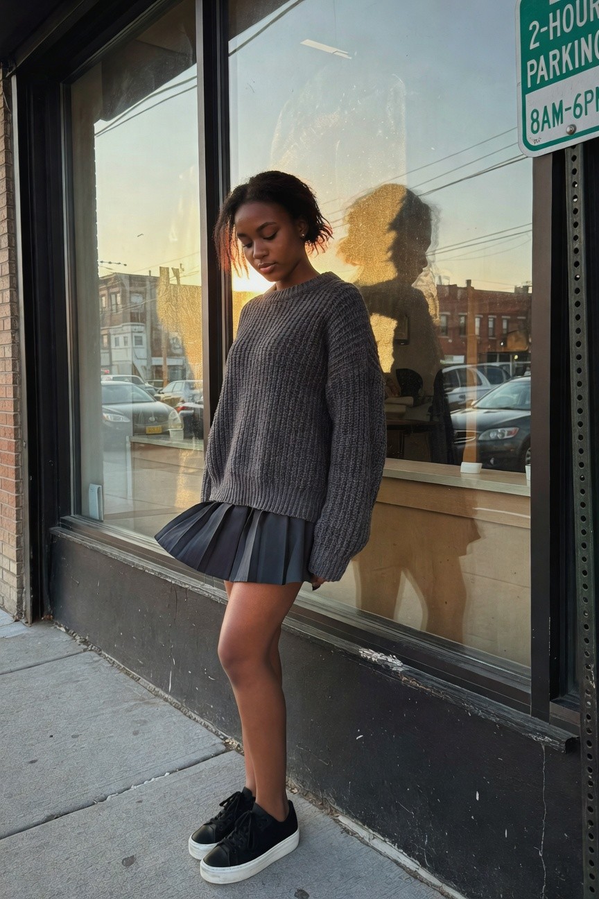 Chunky Sweater With Pleated Skirt