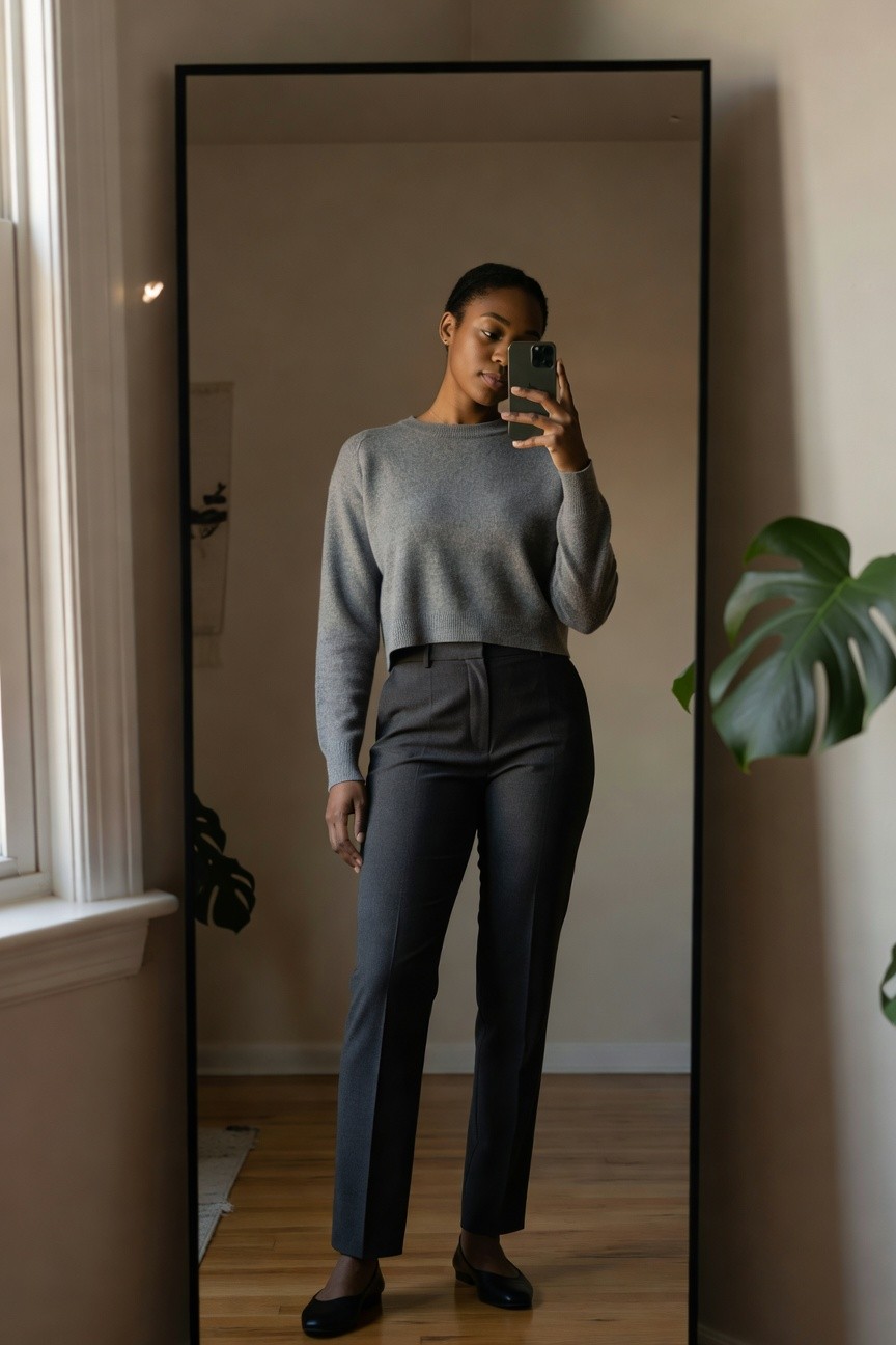 Cropped Gray Sweater And Structured Pants