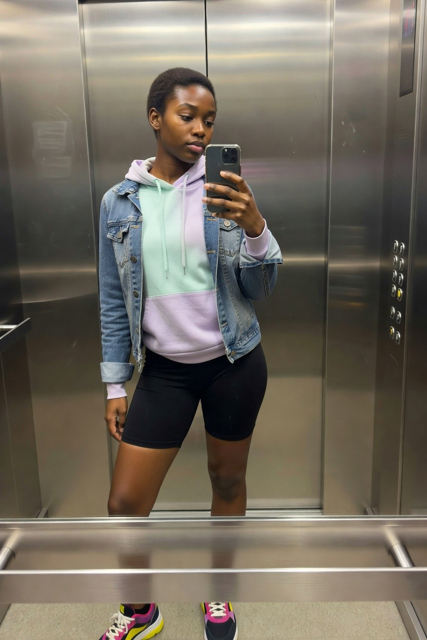 Woman standing in an elevator mirror selfie wearing a pastel color block hoodie under a blue denim jacket, black bike shorts, and multicolored sneakers.
