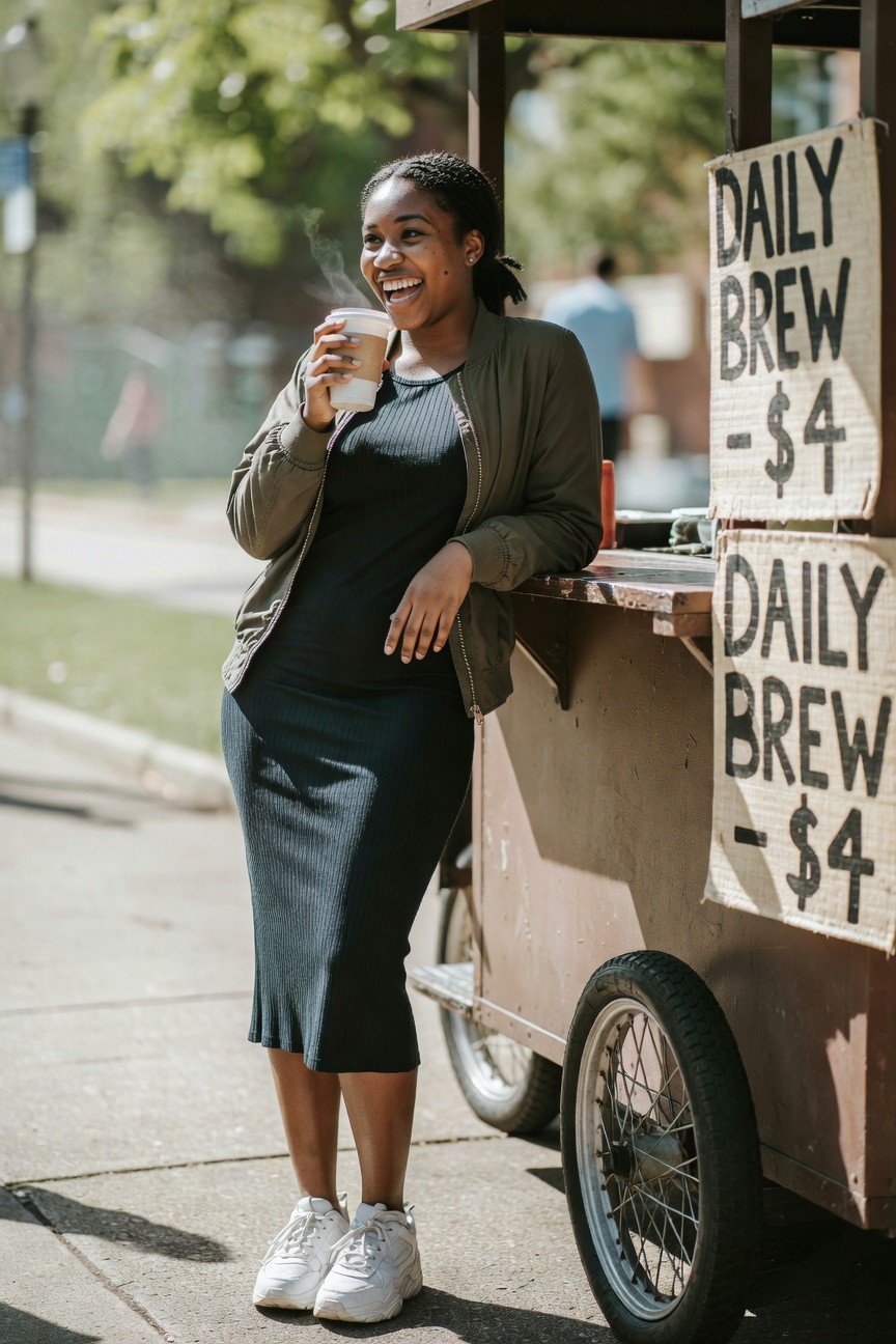 Ribbed Midi Dress With Bomber Jacket