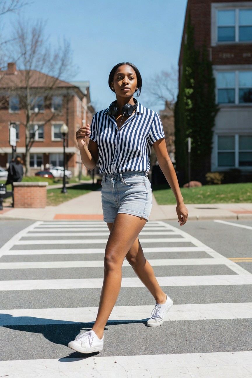 Striped Button Down And Denim Shorts