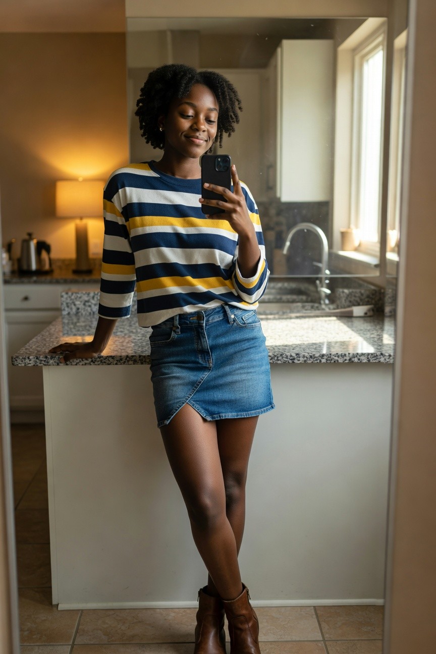 Young Black woman in a blue white and yellow striped sweater tucked into a short blue denim skirt with brown ankle boots standing in a kitchen mirror selfie.