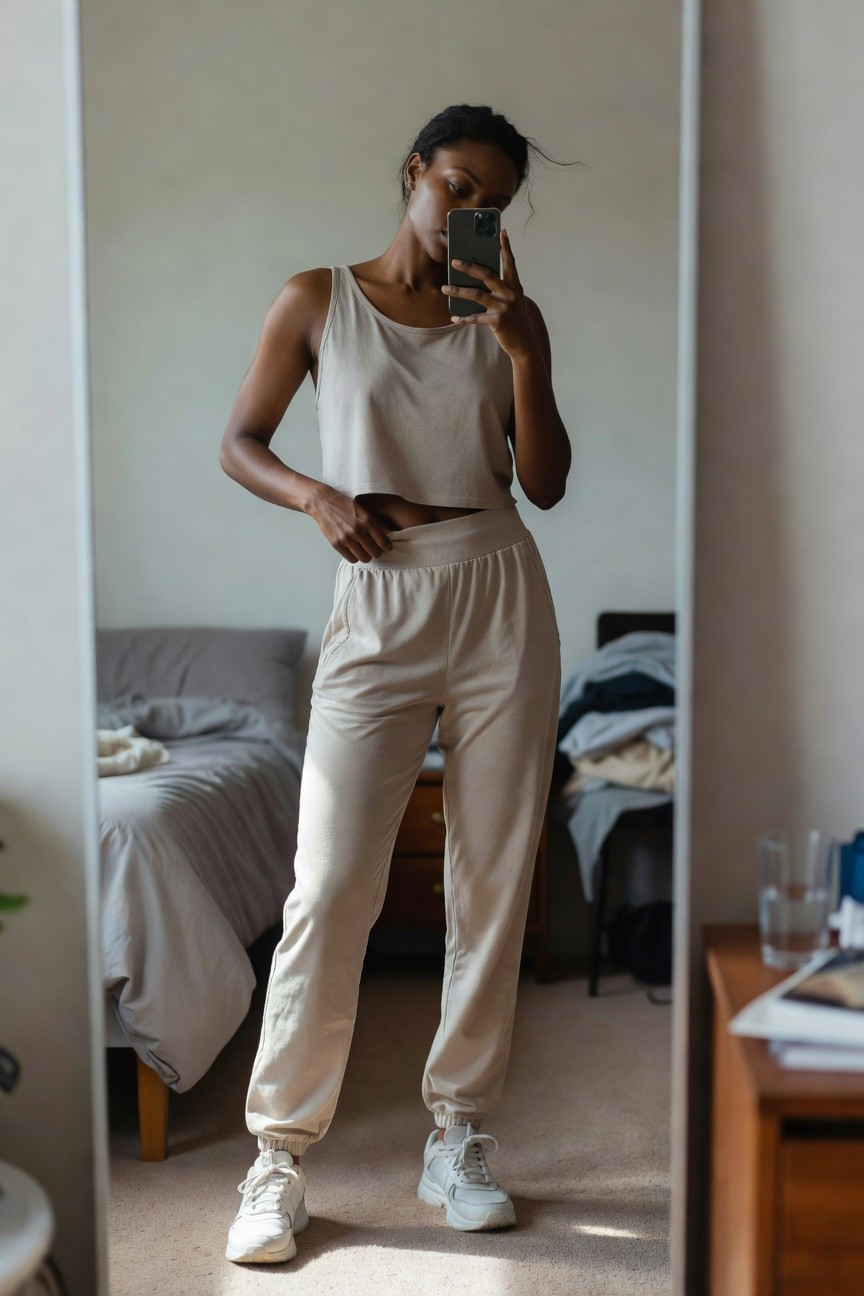 Beige Crop Tank And Joggers