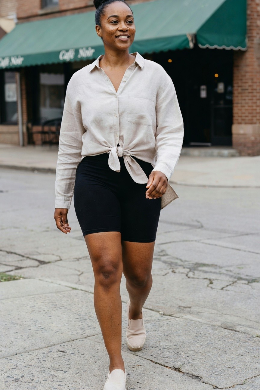 A plus size Black woman wears a beige linen button down shirt tied in a knot at the waist over black bike shorts with beige slip on shoes while holding a small clutch on a city sidewalk.