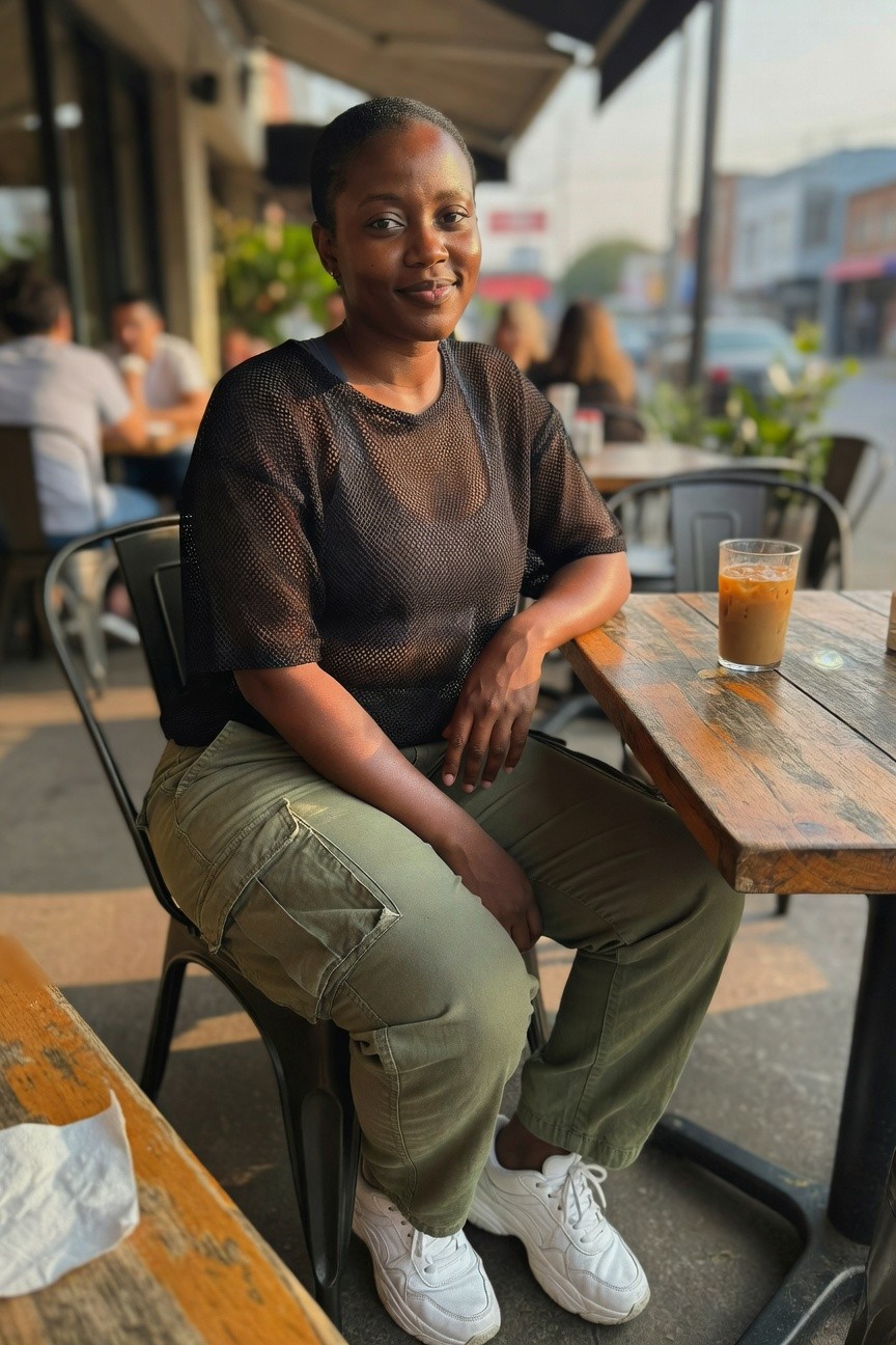 A woman seated at a wooden table wearing a black mesh short-sleeve top over a dark base layer, olive green cargo pants, and white sneakers, with an iced coffee nearby.
