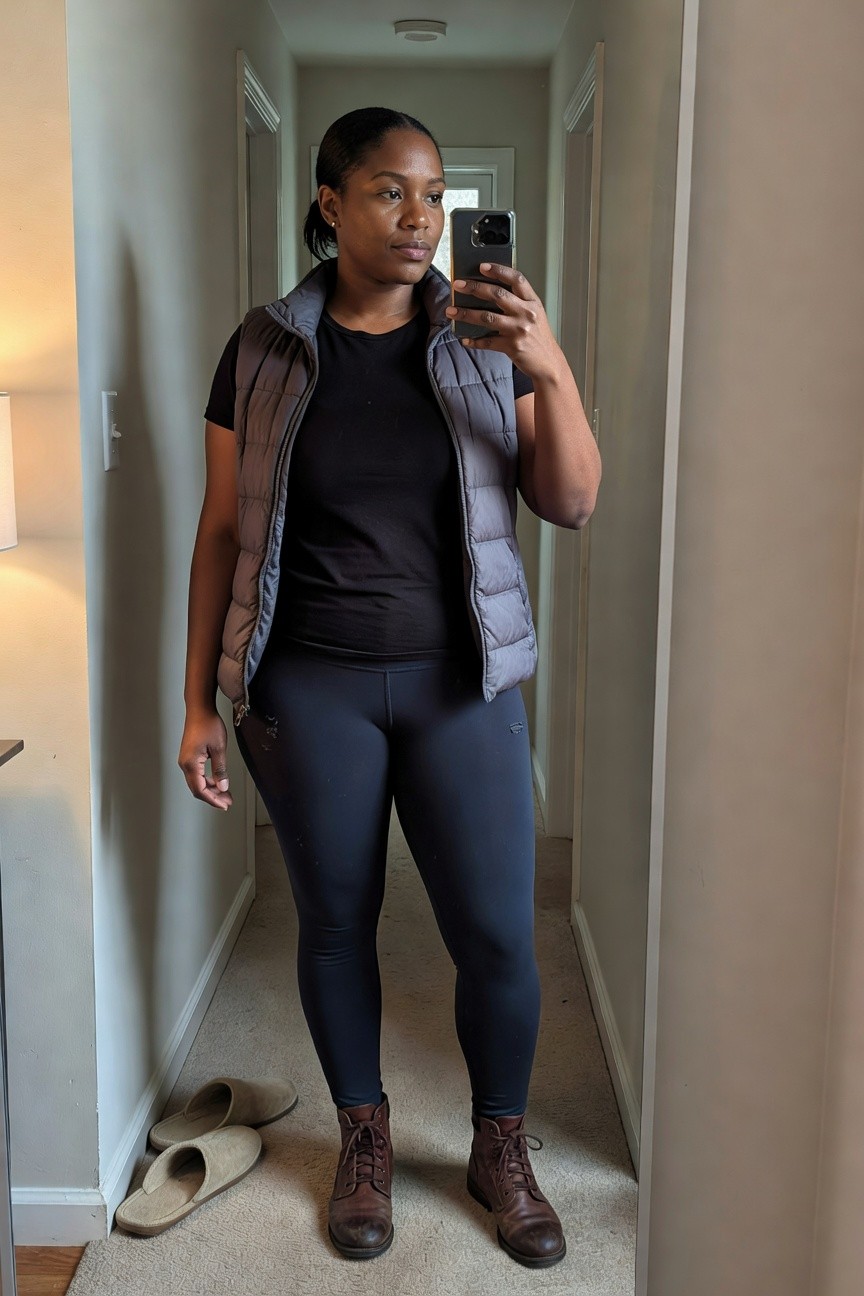 Puffer Vest Layered Over Tee And Leggings