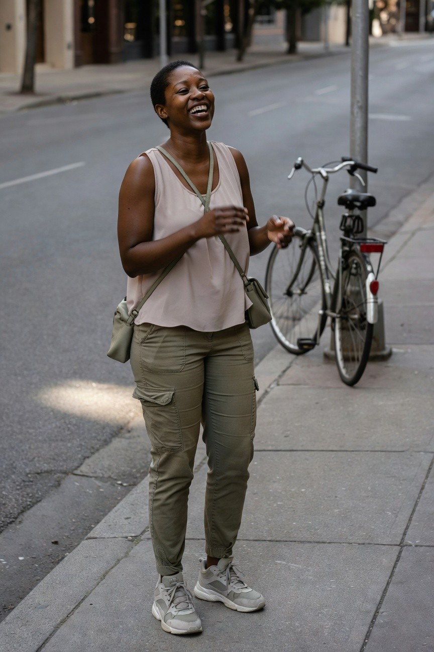 Sleeveless Top And Olive Cargo Pants