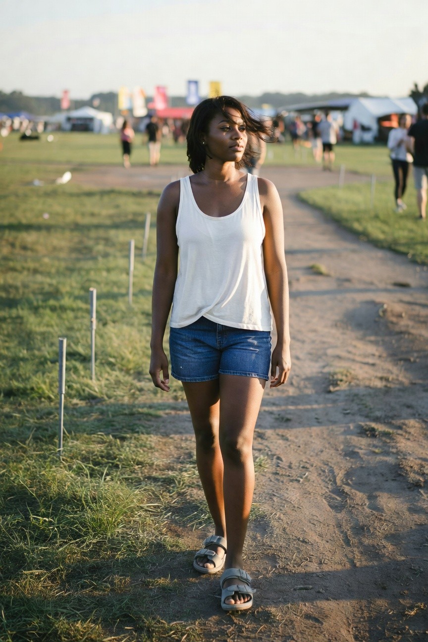 A Black woman wearing a loose white tank top, blue denim shorts, and gray slide sandals stands on a dirt path outdoors.