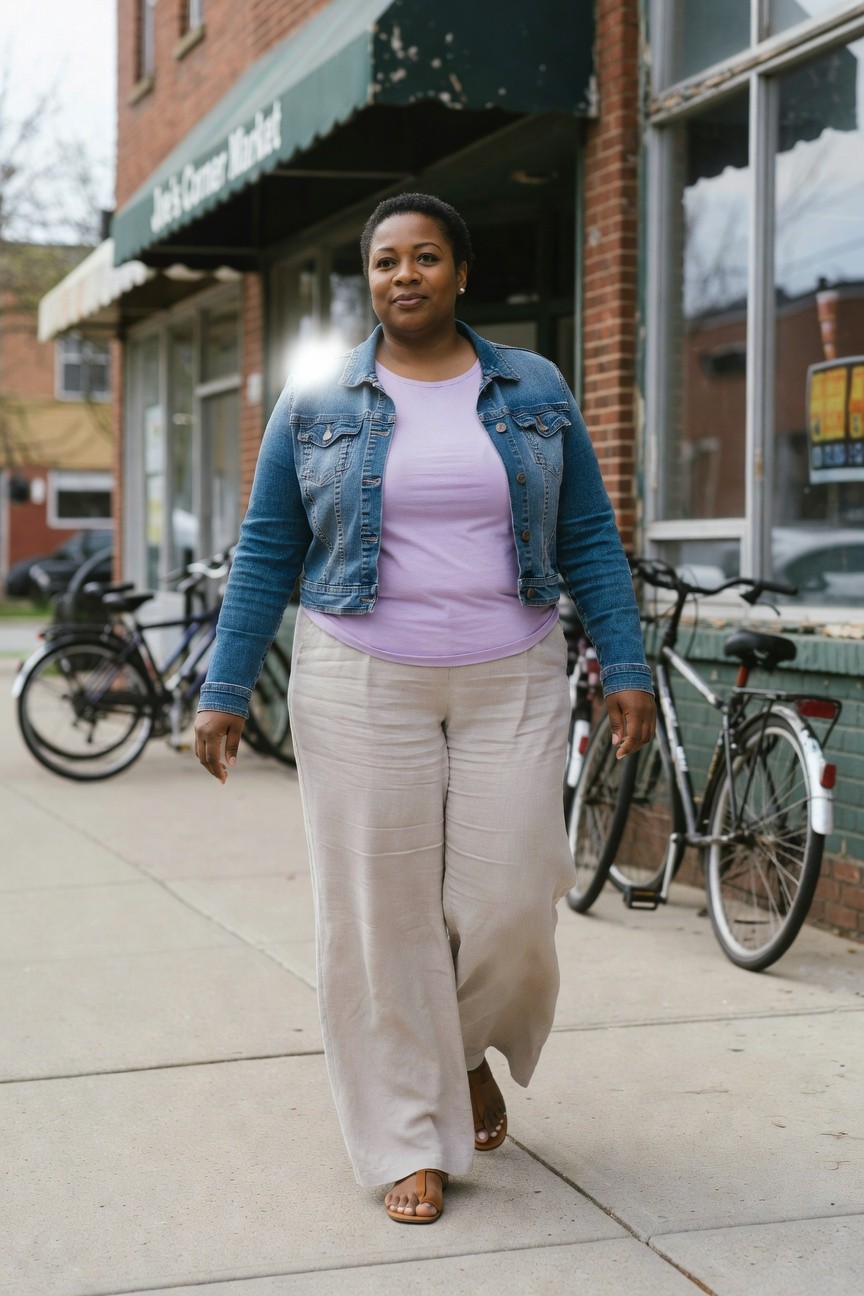 Plus size woman in a blue denim jacket over a lavender tee paired with wide beige pants and brown flat sandals.