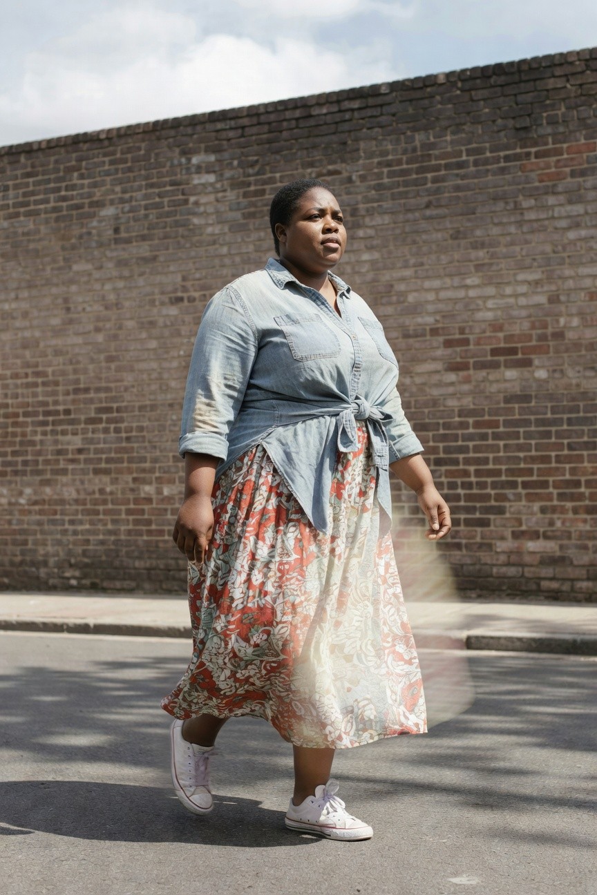 Denim Shirt Tied Over Floral Skirt
