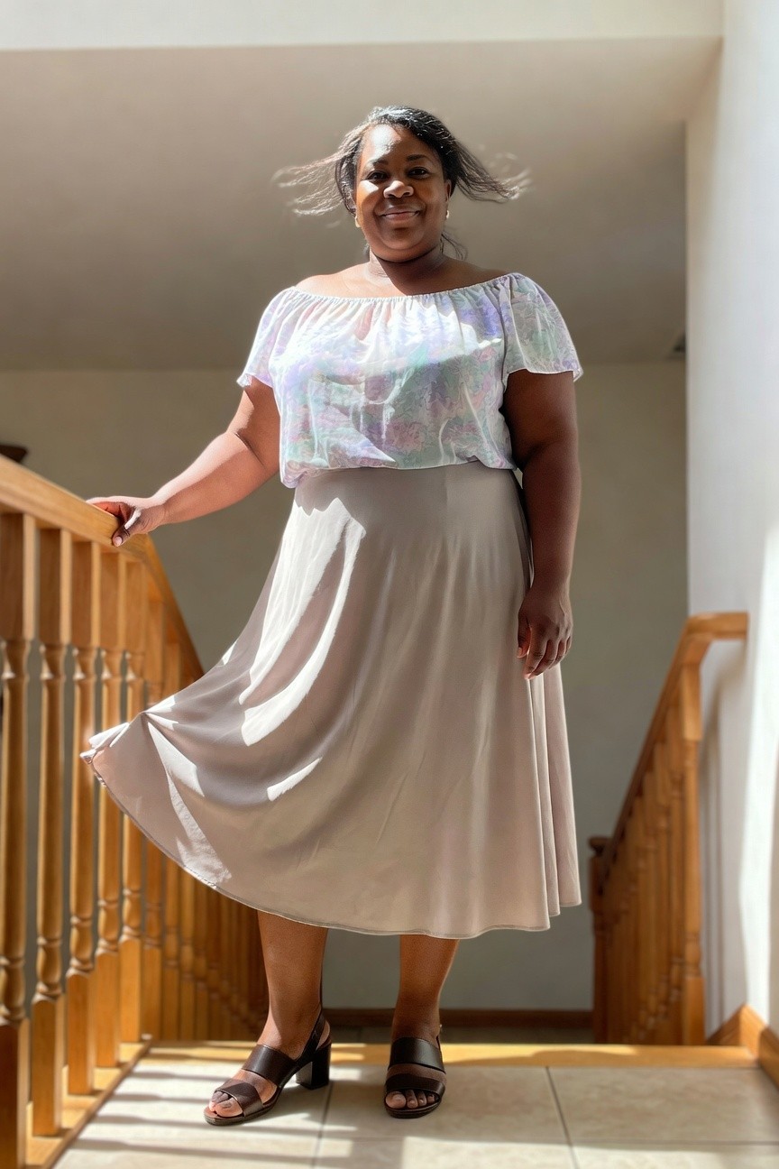 Floral Off Shoulder Top Over A Midi Skirt