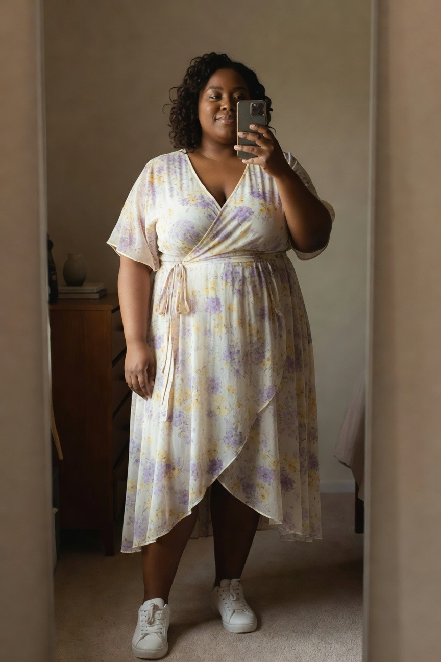 Floral Wrap Dress With Casual Sneakers