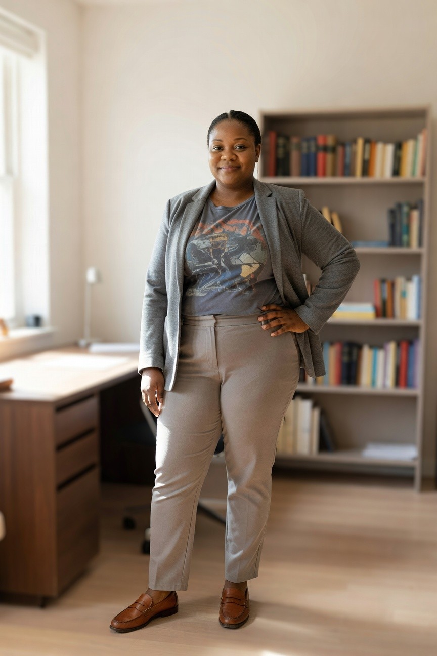 Gray Blazer With Neutral Pants and Loafers