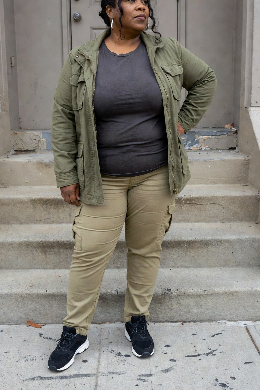 Plus size Black woman in olive utility jacket over dark gray tee with beige cargo pants and black sneakers standing on steps.