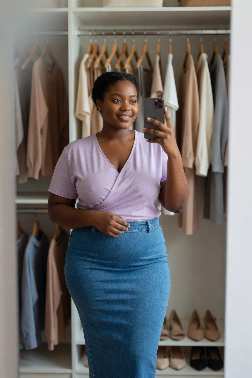 Lavender Wrap Top With Denim Skirt