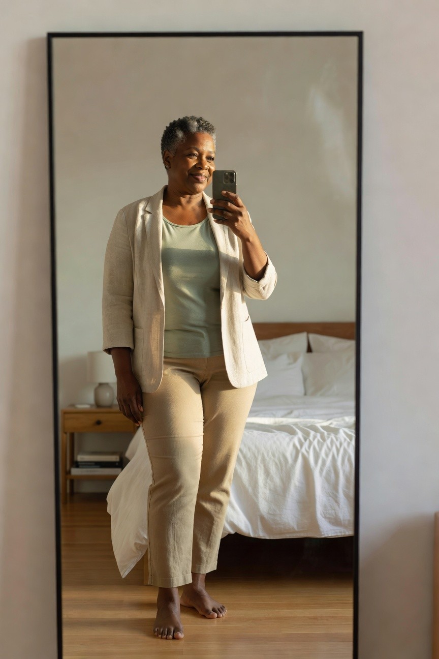 Neutral Blazer With Sage Green Top