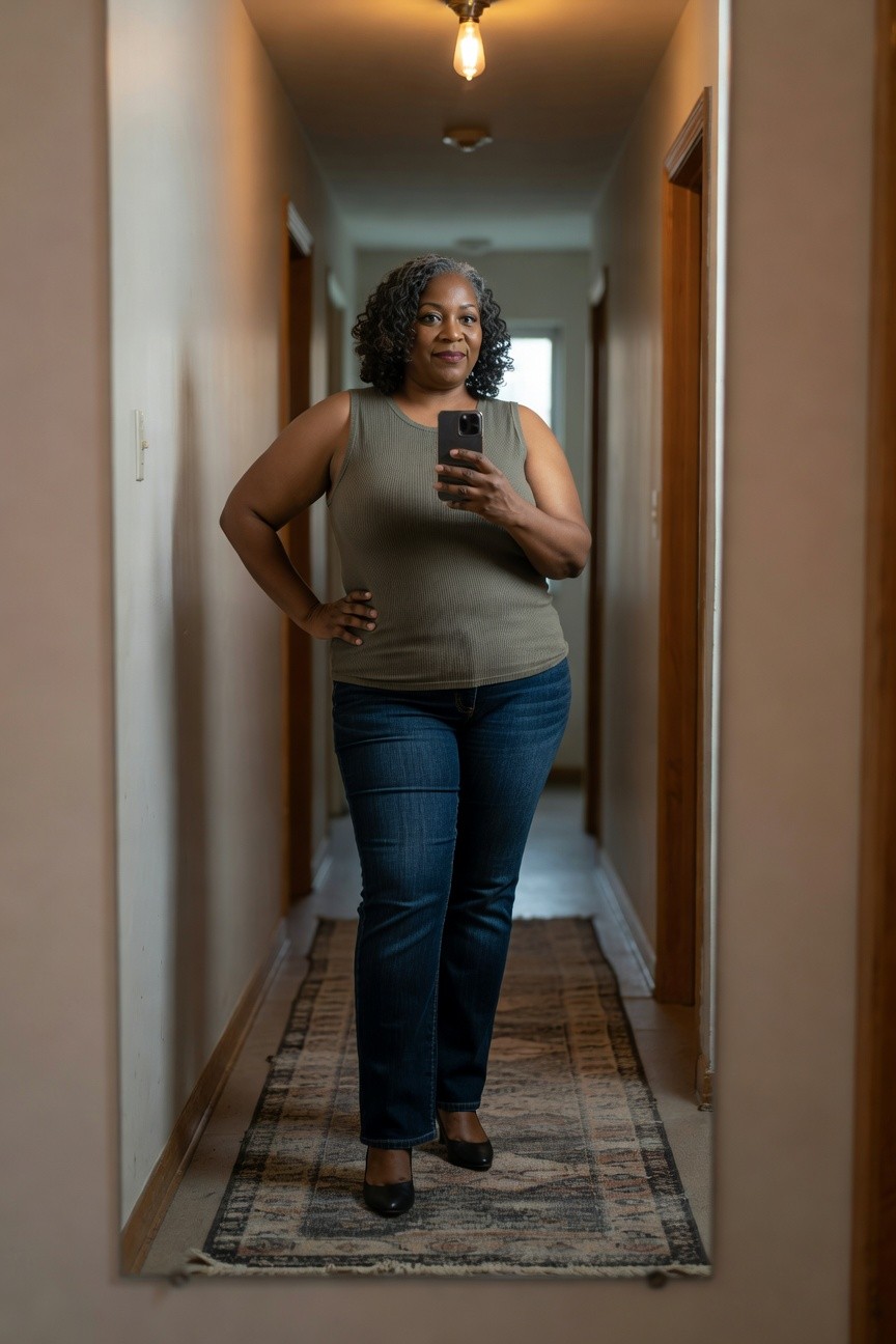 Olive Tank With Straight Leg Jeans