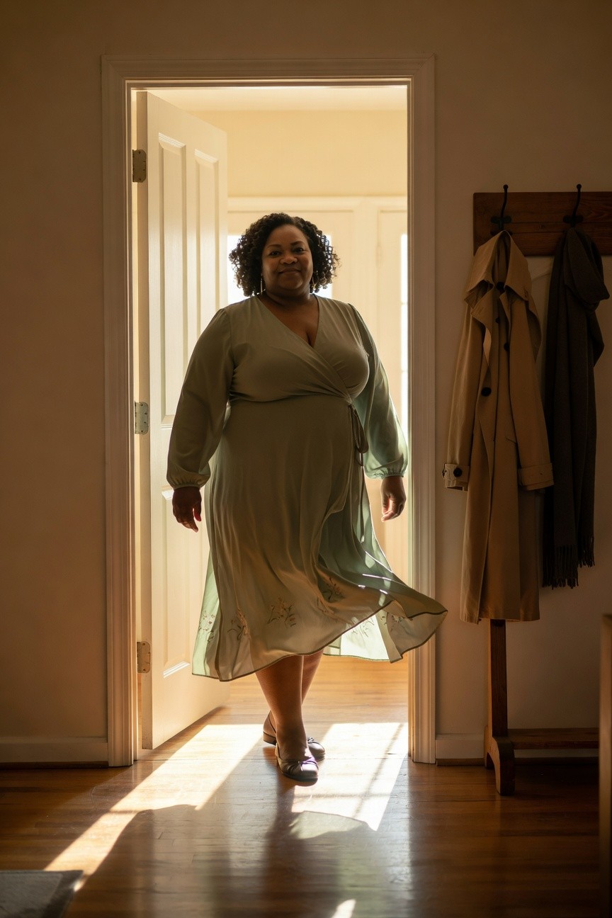 Plus size Black woman wearing a sage green wrap midi dress with floral hem embroidery and flat shoes while standing indoors