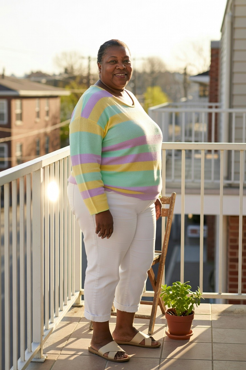 Plus size Black woman in a pastel striped knit sweater tucked slightly into white cropped pants with beige slide sandals.