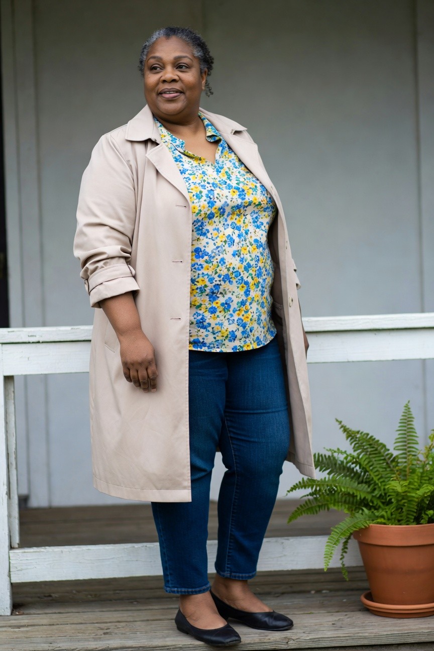 Trench Coat Over Floral Blouse With Denim Jeans