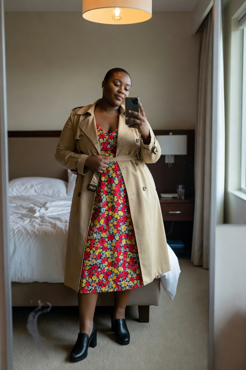 Plus size Black woman in a beige belted trench coat over a red yellow and white floral midi dress paired with black heeled mules taking a mirror selfie in a hotel room.
