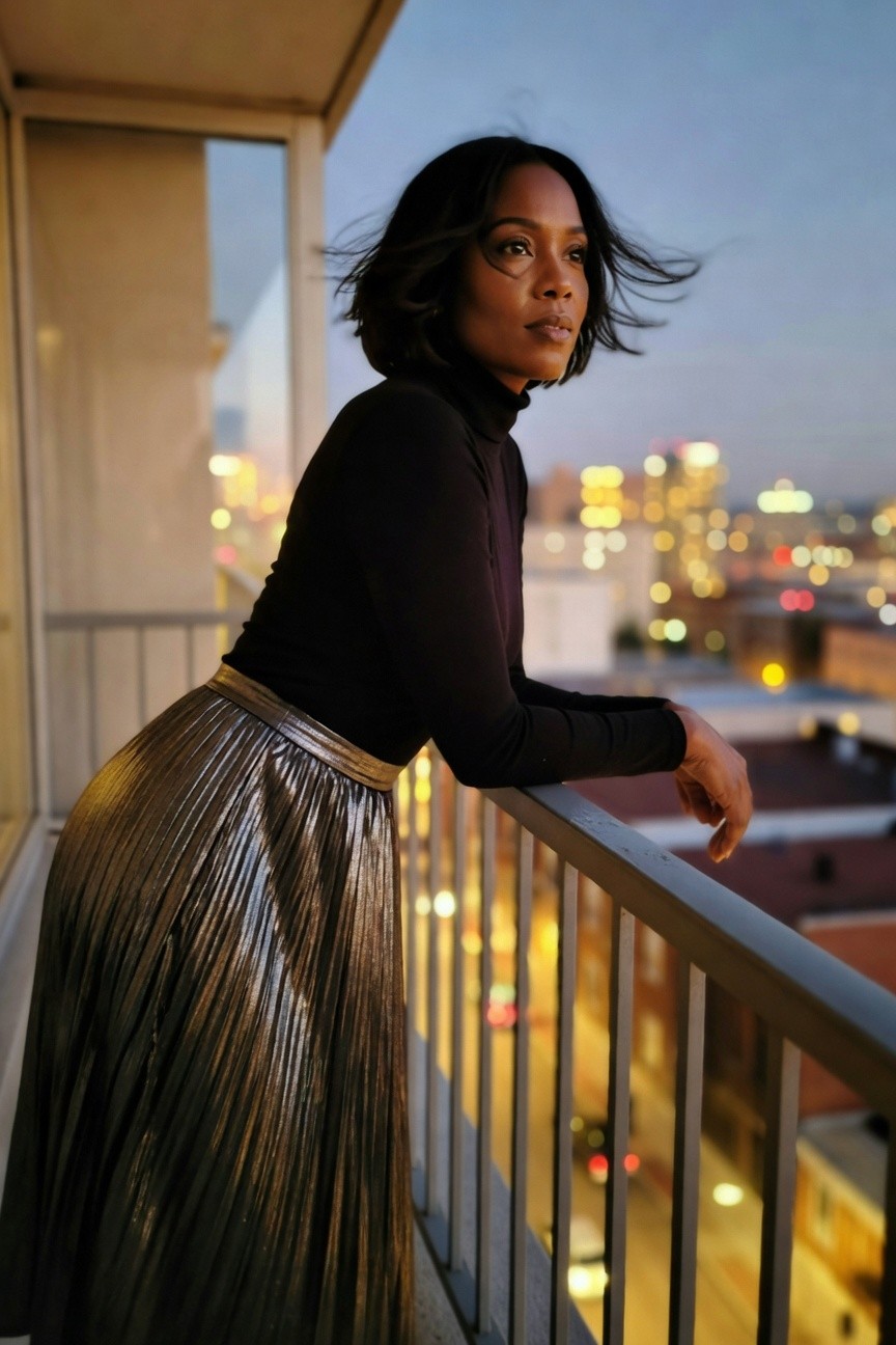 Black Turtleneck With Gold Pleated Skirt