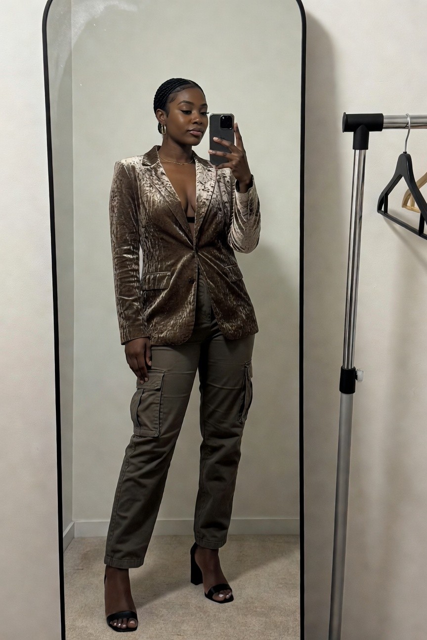 Crushed Velvet Blazer With Cargo Pants