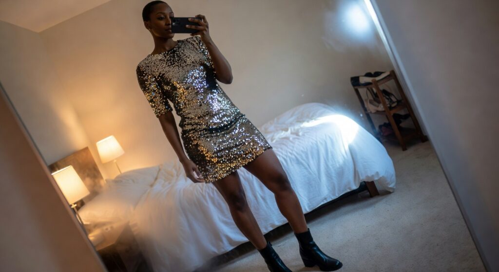 Woman wearing a short silver sequin mini dress with three-quarter sleeves and black ankle boots while taking a mirror selfie indoors