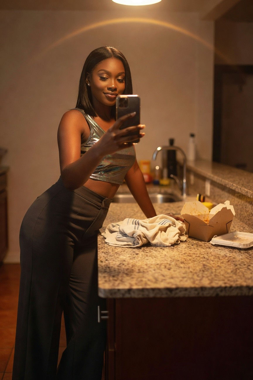 Woman wearing a silver metallic crop top and dark wide-leg pants while holding a phone in a kitchen setting.
