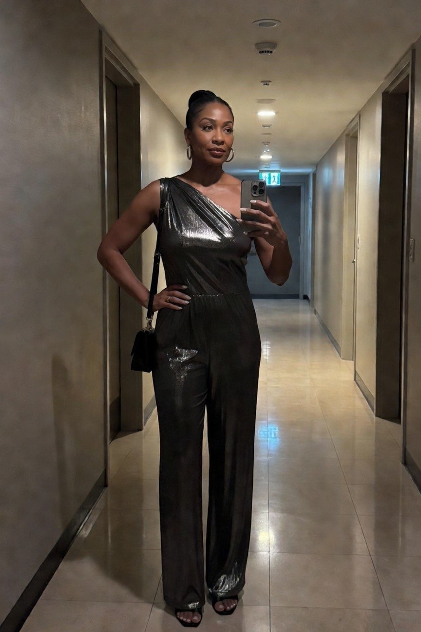 Woman in a dark metallic one-shoulder jumpsuit with wide legs, black heels, small bag, and hoop earrings standing in a hallway while holding a phone.