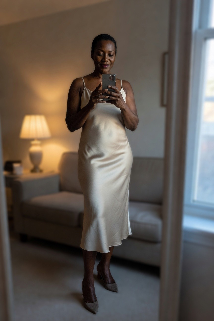 Satin Slip Midi Dress With Neutral Heels