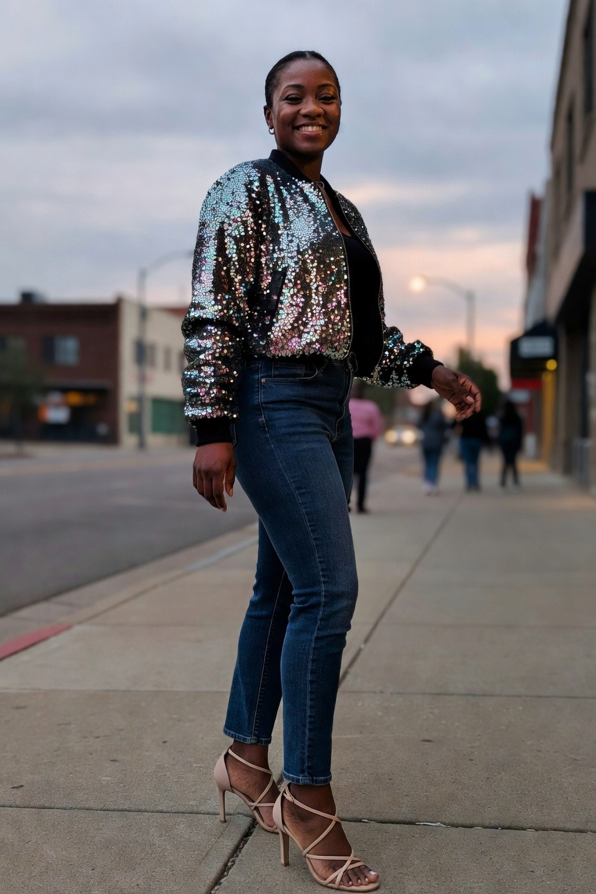 A smiling Black woman in a multicolored sequin bomber jacket over a black top with blue skinny jeans and strappy nude heels standing on an urban sidewalk.