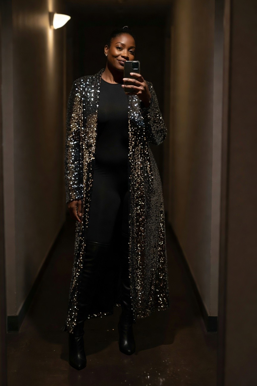 Sequined Duster Over Black With Knee High Boots