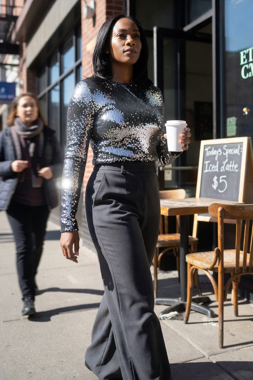 Sequined Top With Black Wide Leg Pants