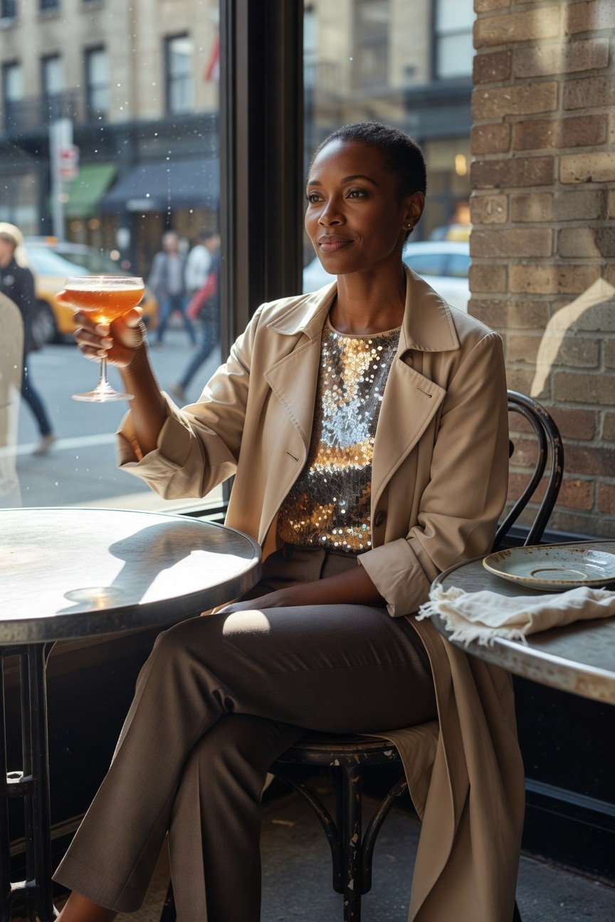 Trench Coat Layered Over Sequin Top